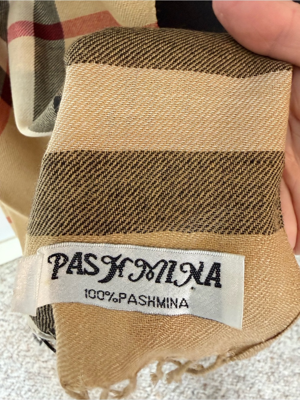 PASHMINA Wool Tan Plaid Scarf Wrap Shawl Burberry Pattern *Flaw - Picture 5 of 11